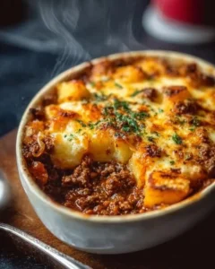 Delicious hobo casserole with ground beef and vegetables in a baking dish.