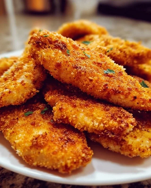 Delicious homemade baked chicken tenders on a plate with dipping sauce