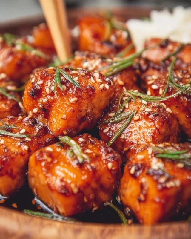 Honey Garlic Salmon Bites served on a plate with garnishes