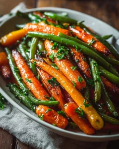 Delicious honey glazed carrots served with green beans on a plate
