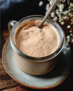 A homemade chai tea latte mix in a jar with spices and tea leaves.