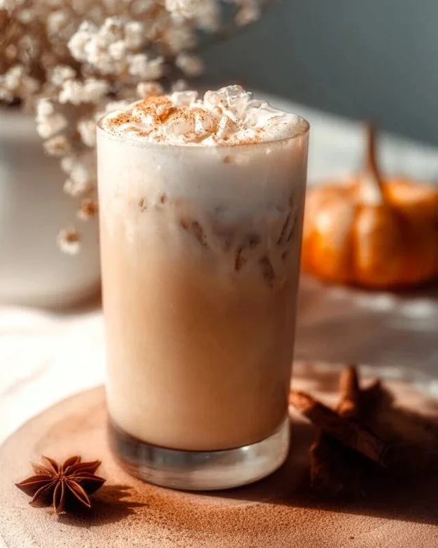 Iced Pumpkin Cream Chai Tea Latte with seasonal spices and pumpkin garnish