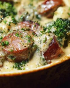 Keto broccoli and cauliflower au gratin with sausage, a low-carb indulgent dish