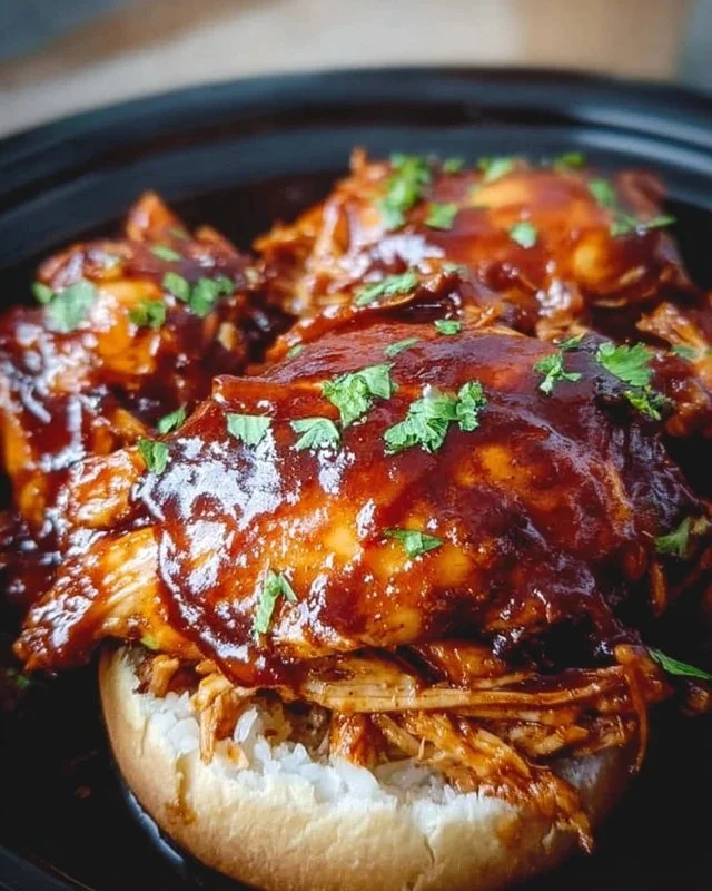 Tender Instant Pot BBQ chicken served with coleslaw and cornbread.