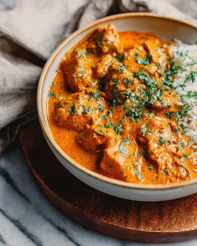Delicious Instant Pot Butter Chicken served with rice and garnished with cilantro