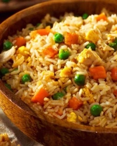 Instant Pot chicken fried rice recipe in a bowl with colorful vegetables