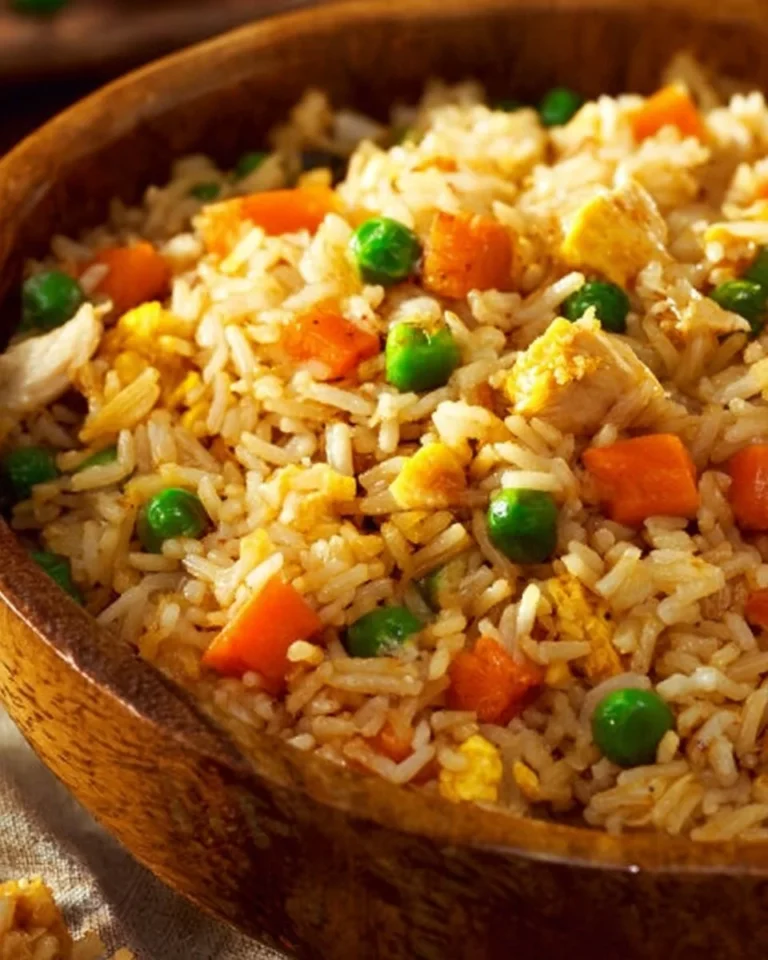 Instant Pot chicken fried rice recipe in a bowl with colorful vegetables