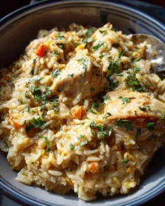 Delicious Instant Pot creamy chicken and rice served in a bowl