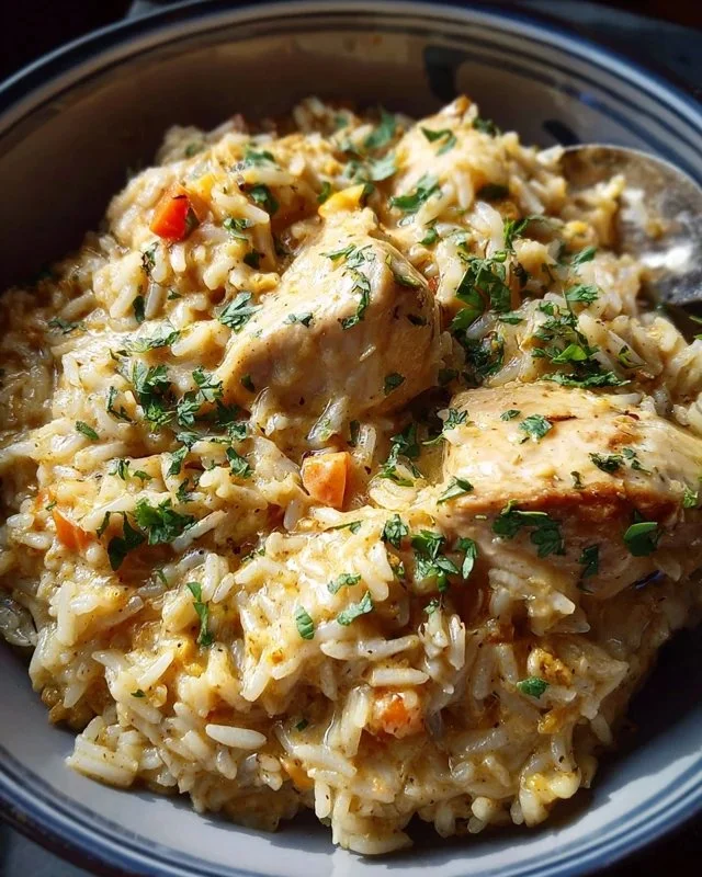 Delicious Instant Pot creamy chicken and rice served in a bowl