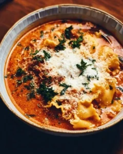 Delicious bowl of Instant Pot Lasagna Soup topped with cheese and herbs
