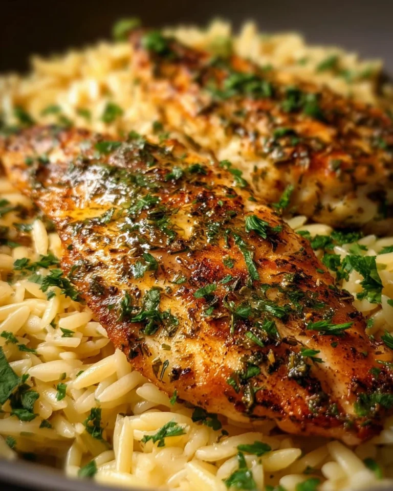 Instant Pot Lemon Herb Chicken served with orzo and fresh herbs.