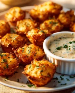 Irresistibly crispy crab cake bites served with zesty lemon-dill sauce.