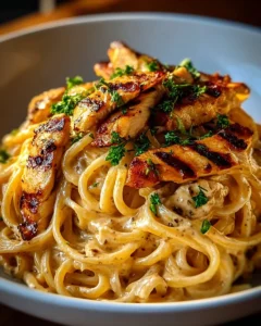 Plate of cowboy butter chicken linguine with fresh herbs and spices