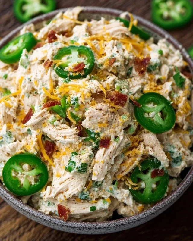 Delicious Jalapeno Popper Keto Chicken Salad garnished with jalapenos and cheese