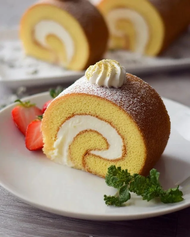 Japanese cake roll dessert with cream filling and colorful toppings