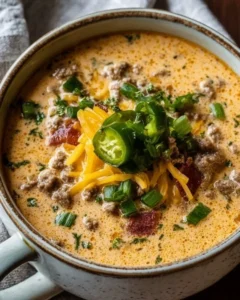 Keto Cheeseburger Soup in a bowl with fresh herbs on top.