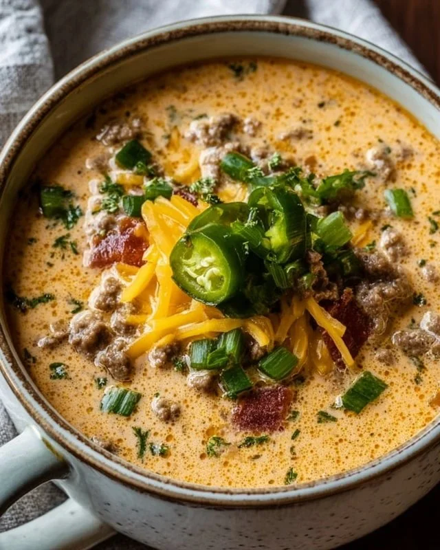 Keto Cheeseburger Soup in a bowl with fresh herbs on top.