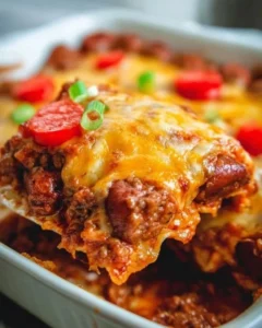 Delicious Keto Chili Dog Casserole topped with cheese and jalapeños