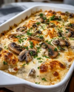 Keto Garlic Mushroom Chicken Casserole in a creamy sauce with fresh herbs