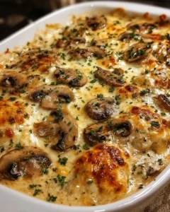 Keto Garlic Mushroom Chicken Casserole in a baking dish, garnished with herbs