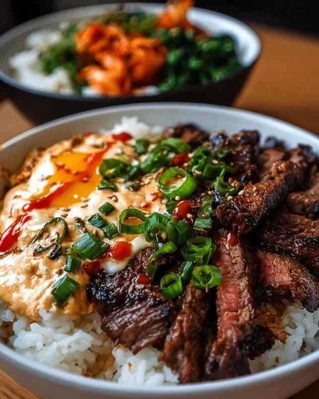 Korean BBQ steak rice bowl with fresh vegetables and rice