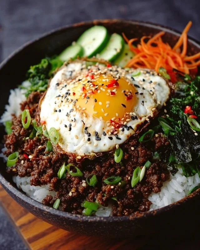 Delicious Korean Ground Beef Bowl garnished with green onions and sesame seeds.