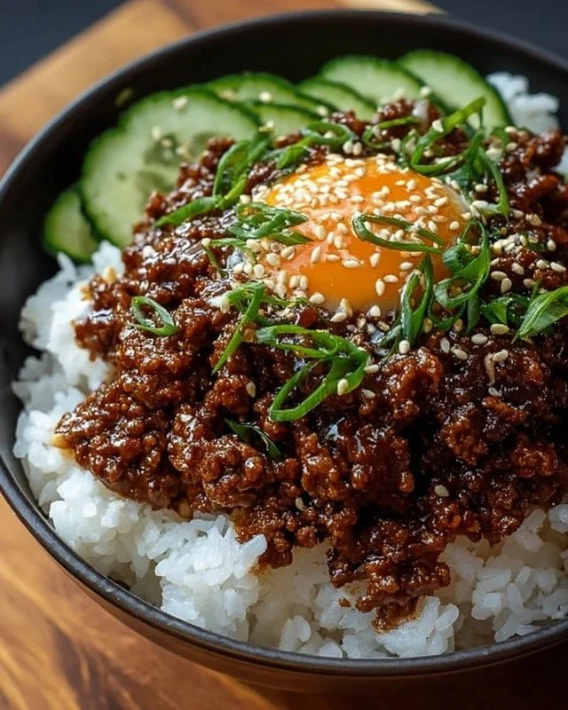 Korean ground beef bowl topped with vegetables and sesame seeds