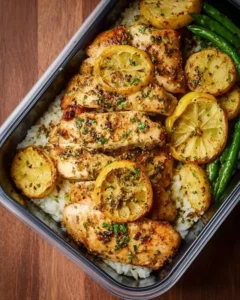 Delicious Lemon Garlic Chicken meal prep containers with fresh herbs and lemon slices.