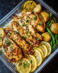 Lemon Garlic Chicken Meal Prep with fresh herbs and vibrant lemon slices