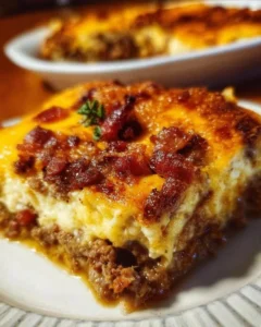 Low-carb bacon cheeseburger casserole topped with melted cheese