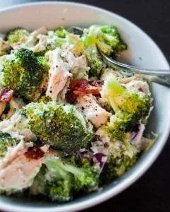Low carb chicken broccoli salad with fresh ingredients in a bowl