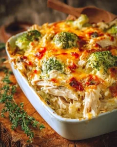 Low Carb Chicken Casserole topped with cheese and vegetables