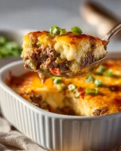 Low Carb Philly Cheesesteak Casserole baked in a dish with cheese and peppers