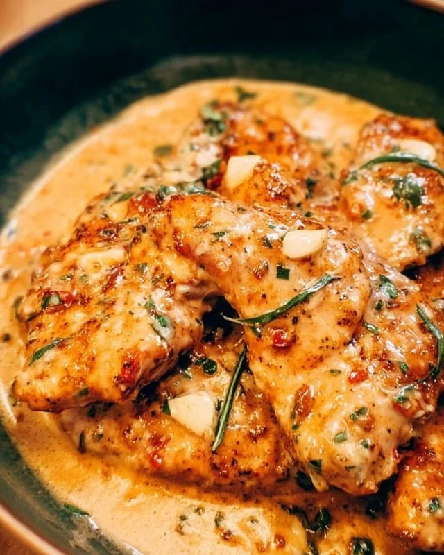 Plate of Marry Me Chicken garnished with herbs and served with side dish