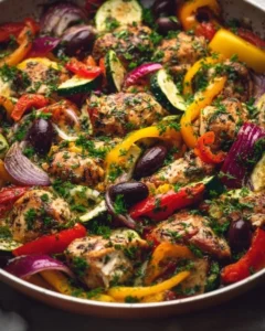 Mediterranean Chicken Stir Fry with colorful vegetables in a skillet