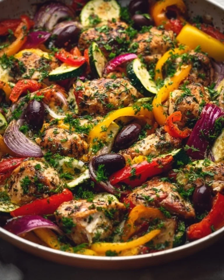Mediterranean Chicken Stir Fry with colorful vegetables in a skillet