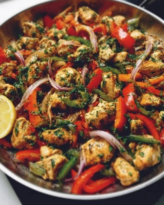 Mediterranean Chicken Stir Fry with colorful vegetables in a skillet