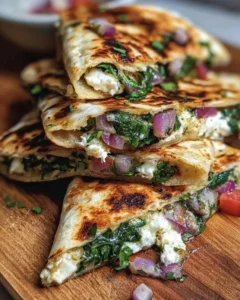 Mediterranean Quesadillas with spinach, feta, mozzarella, and red onion served on a plate