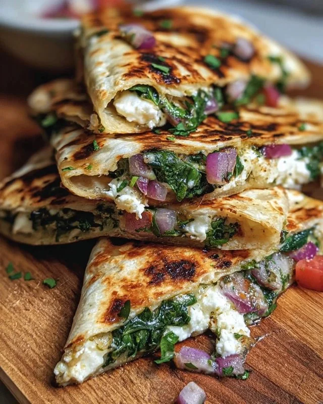 Mediterranean Quesadillas with spinach, feta, mozzarella, and red onion served on a plate