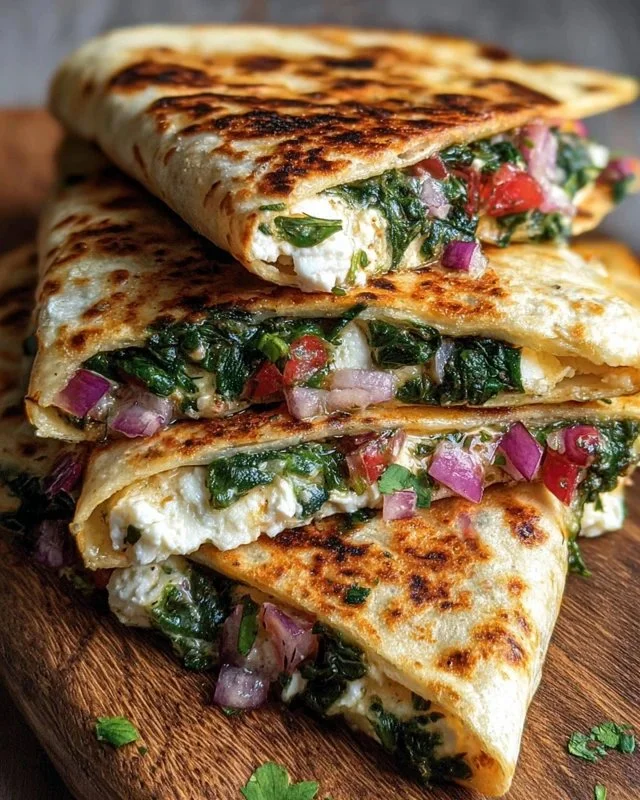 Mediterranean Quesadillas with Spinach, Feta, Mozzarella, and Red Onion