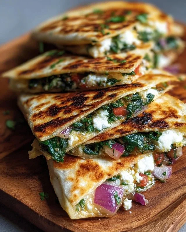 Mediterranean Quesadillas with Spinach, Feta, Mozzarella, and Red Onion