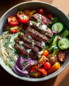 Mediterranean steak bowl with fresh vegetables and flavorful ingredients