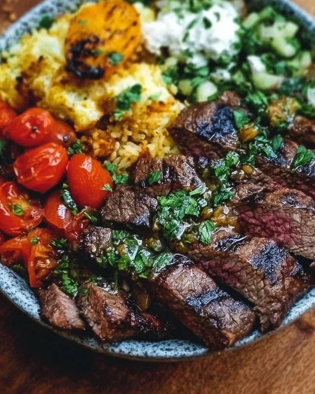 Mediterranean steak bowl with fresh vegetables and herbs in a bowl