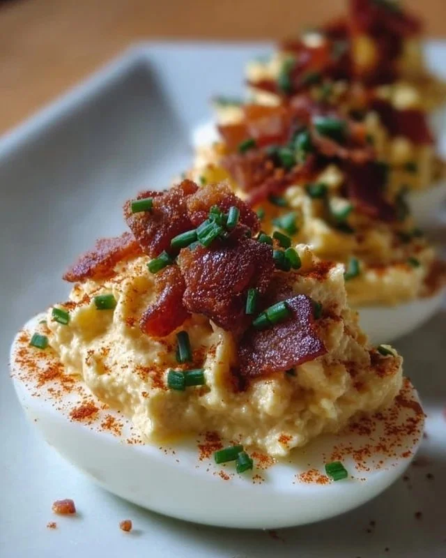 Million Dollar Bacon Deviled Eggs topped with crispy bacon and herbs