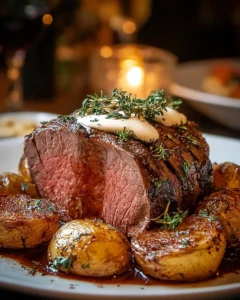Succulent Million Dollar Roast Beef Tenderloin served with herbs and spices.