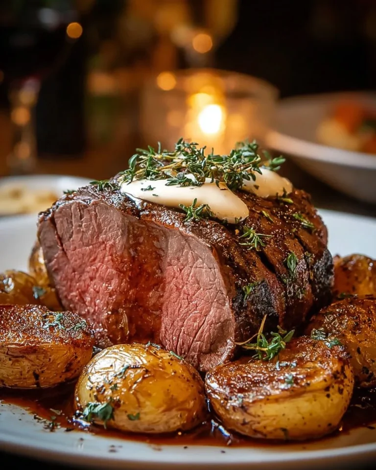 Succulent Million Dollar Roast Beef Tenderloin served with herbs and spices.