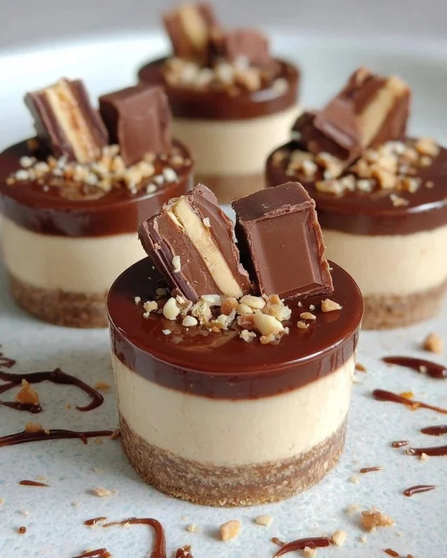 Mini Kinder Bueno Cheesecakes topped with chocolate and hazelnut goodness