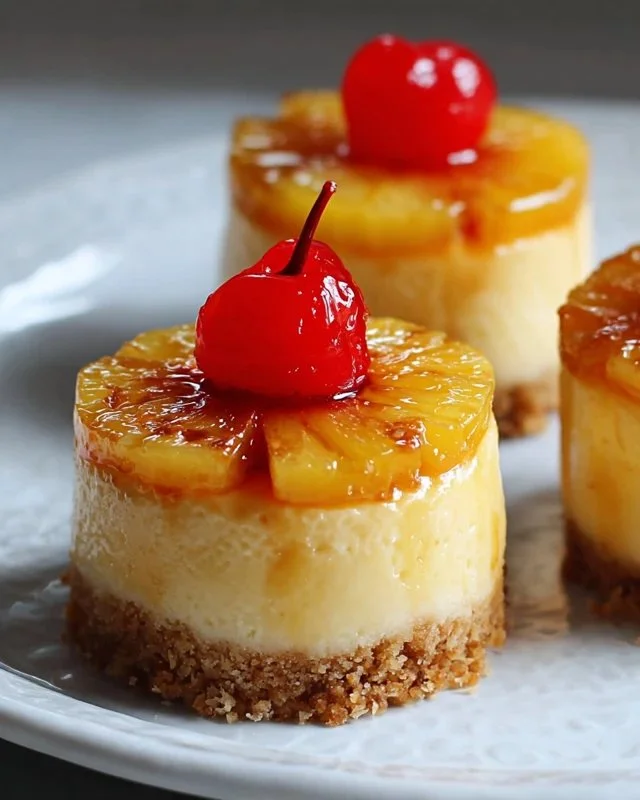 Mini Pineapple Upside-Down Cheesecakes topped with caramelized pineapples