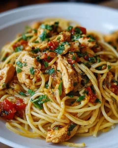 Delicious Monterey Chicken Spaghetti served in a bowl with fresh ingredients.