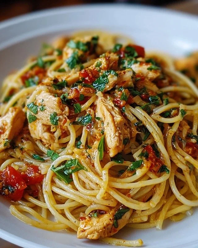 Delicious Monterey Chicken Spaghetti served in a bowl with fresh ingredients.